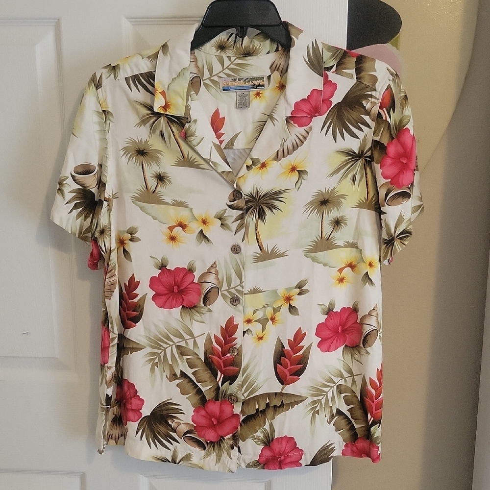 Sunset Cove Sz1X Tropical Floral Button-Down HI Shirt - short sleeve PinkYellow